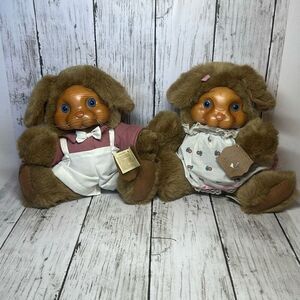 Robert Raikes Bear Brett 20401 & Ashley 20400 Bunny Rabbit Stuffed Set Wood Face
